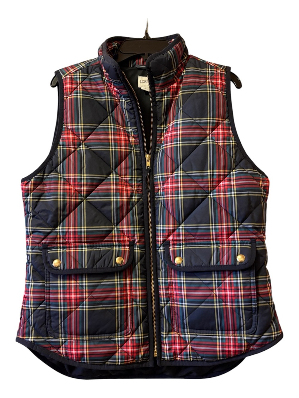 J. Crew Quilted Tartan Plaid Christmas Vest in Navy and Red